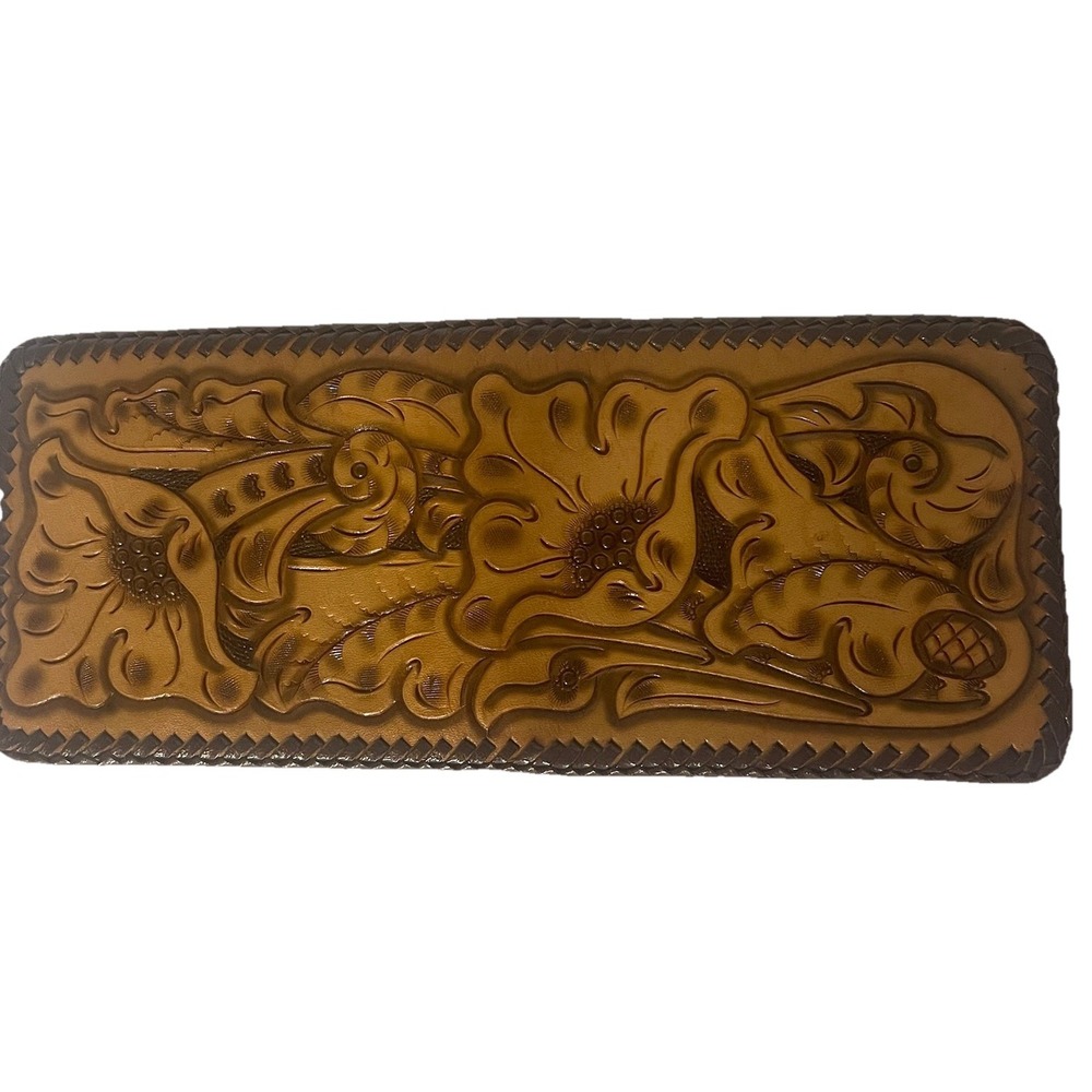 Western Tooled Leather Wallet Floral Scroll Whipstitch Bifold Unbranded